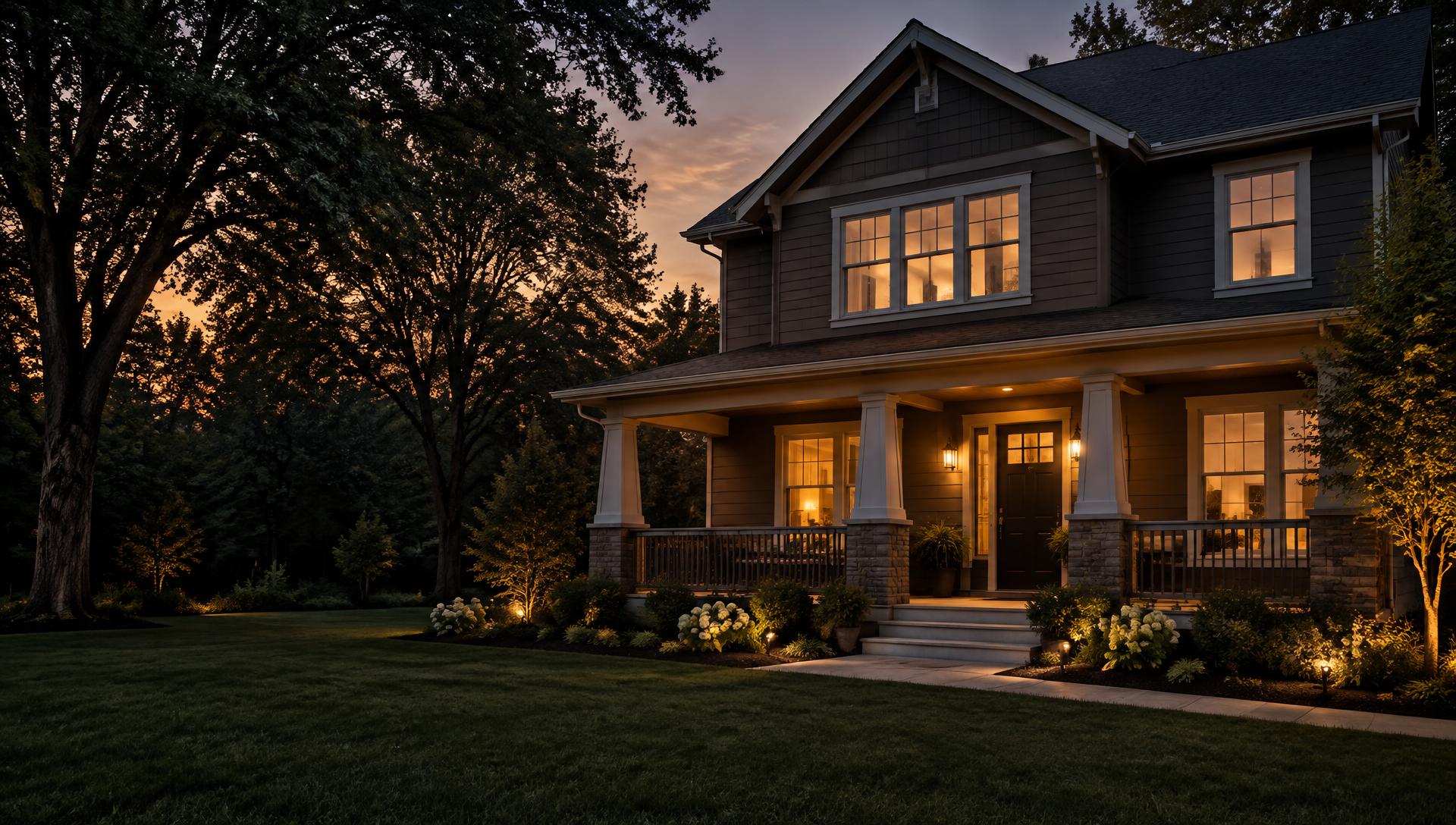 Illustrative residential home with a welcoming, warmly lit porch at dusk